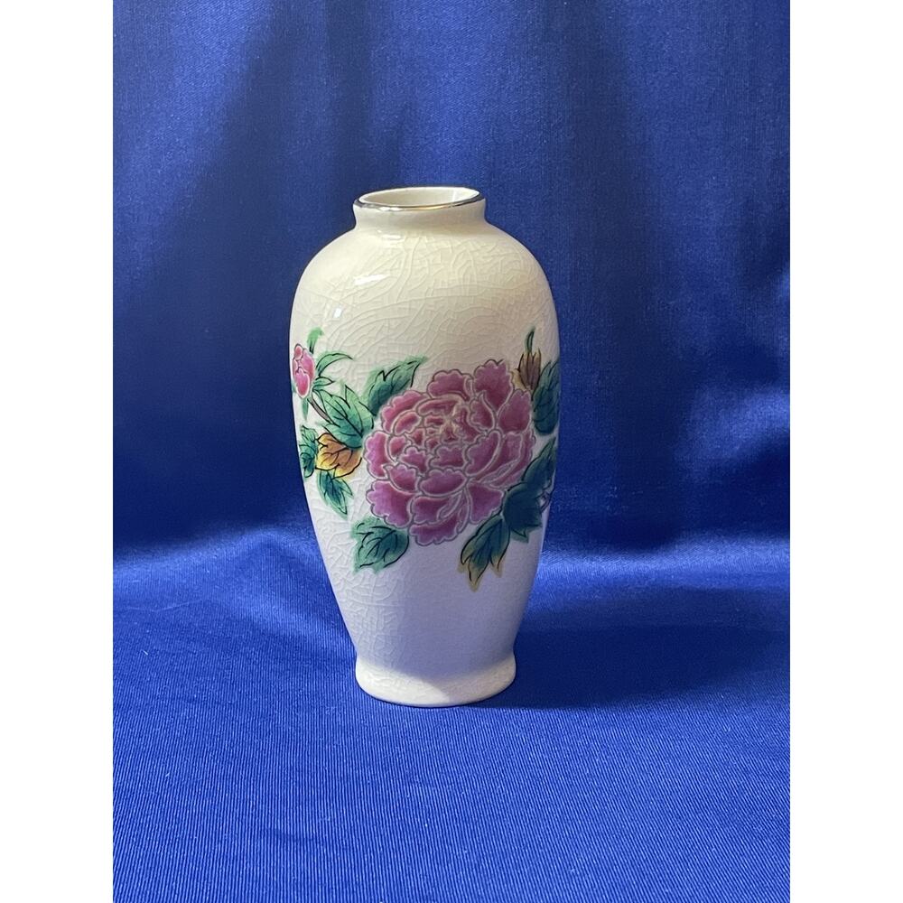 Miniature Homco Porcelain Vase with Pink Rose Accent